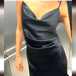 NWT ZARA BACKLESS SATIN COWL DRESS DARK GREY